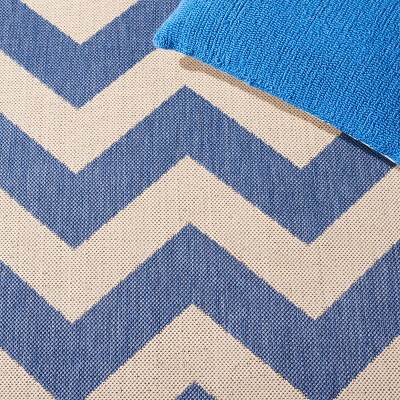 Blue and Beige Chevron Square Indoor/Outdoor Rug