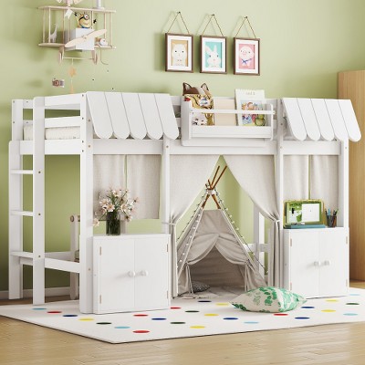 Bellemave Loft Bed with Built-in Bookshelf, Curtain, and Storage Shelf Amusement Park-Inspired Playful Design Safety Guardrails