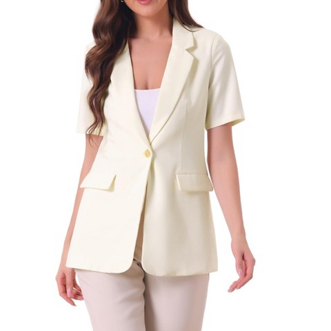 Allegra K Women's Office Work Lapel Short Sleeve Button Down Open Front Blazers with Pockets Small Beige