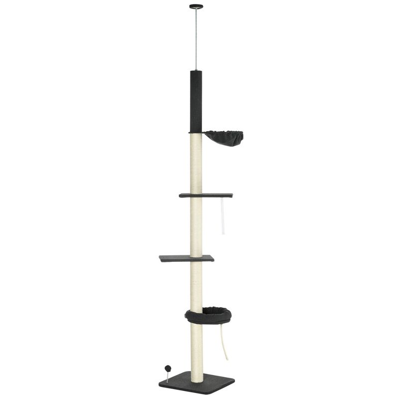 PawHut Floor To Ceiling Cat Tree, 5-Tier Cat Climbing Tower, 95''-106'' Height with Bed, Hammock, Scratching Post for Indoor Cats, Black and Cream, 1 of 7