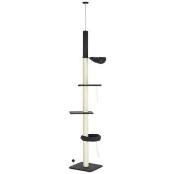 PawHut Floor To Ceiling Cat Tree, 5-Tier Cat Climbing Tower, 95''-106'' Height with Bed, Hammock, Scratching Post for Indoor Cats, Black and Cream