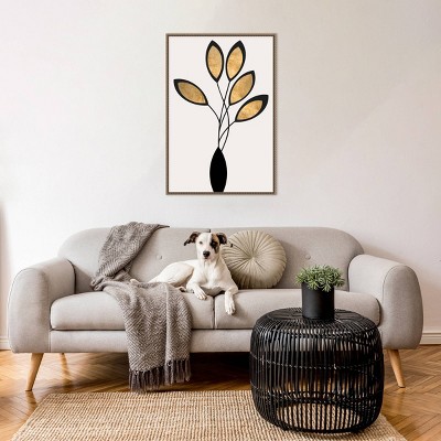 23"x33" Black and Gold Abstract Floral Canvas with Bronze Frame