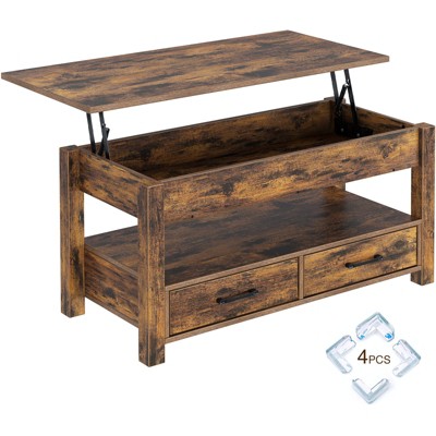 Greenstell Vintage Solid Wood Gas Pressure Lift Coffee Table with Drawers and Hidden Compartments for Storage