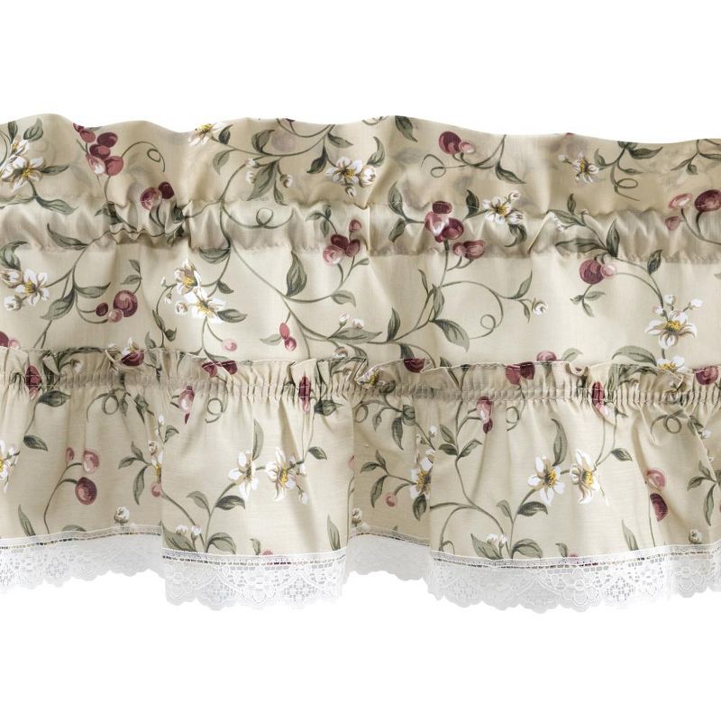 Ellis Curtain Cherries Ruffled 1.5" Rod Pocket Swag for Windows Lace Edge 58" x 36" Natural, 4 of 5