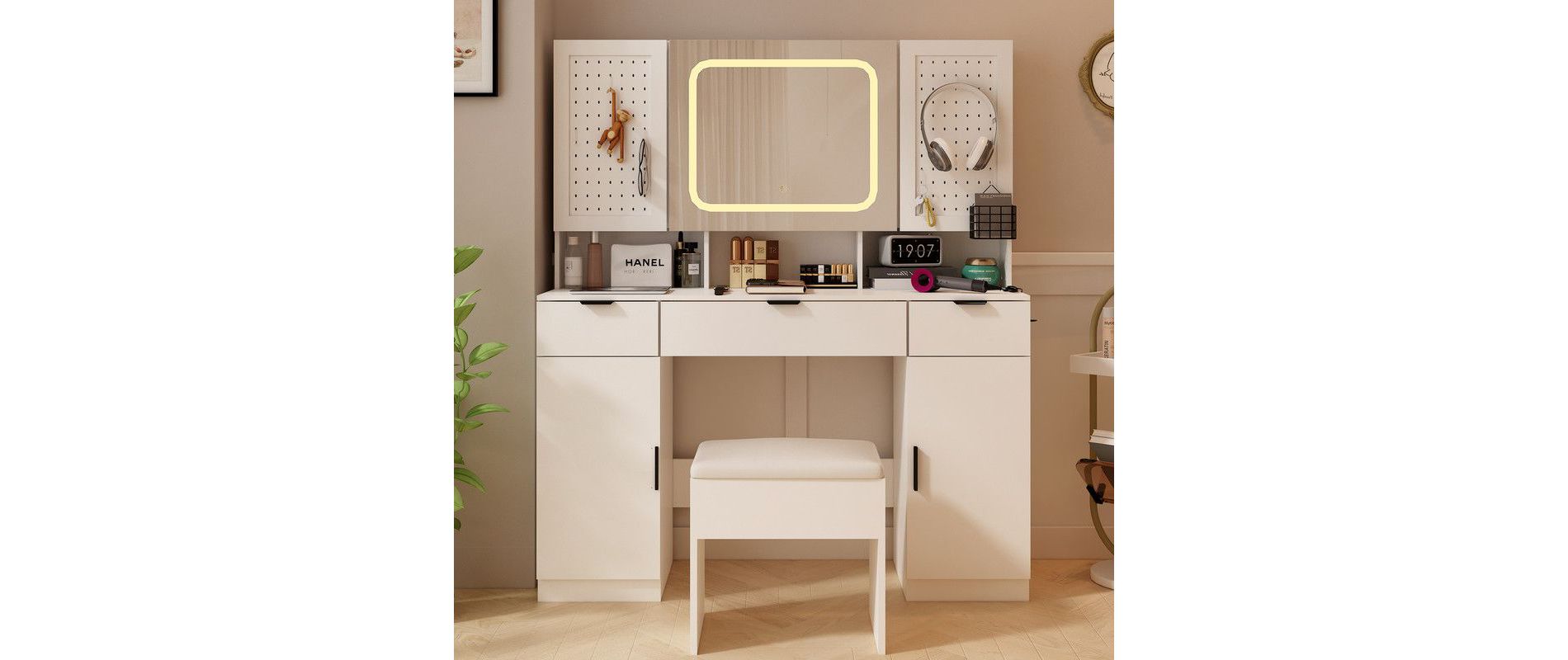 Karl Home Large Makeup Vanity Set with LED Mirror Cabinet, USB & Power Outlet,3 Drawers and 5 Doors