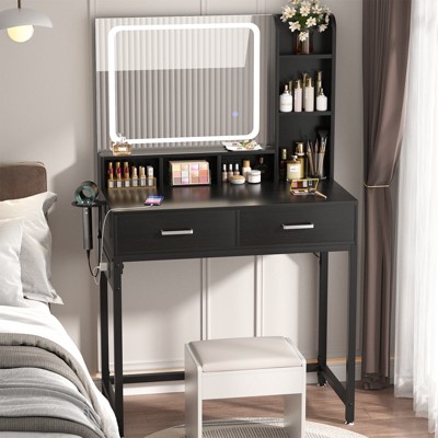 Aheaplus Makeup Vanity Desk with LED Light Mirror, Dressing Table with Charging Station and Drawers