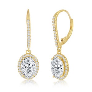 Bella Silver Sterling Silver Oval CZ Halo Dangling Earrings - Gold Plated - Gold - 1 of 2