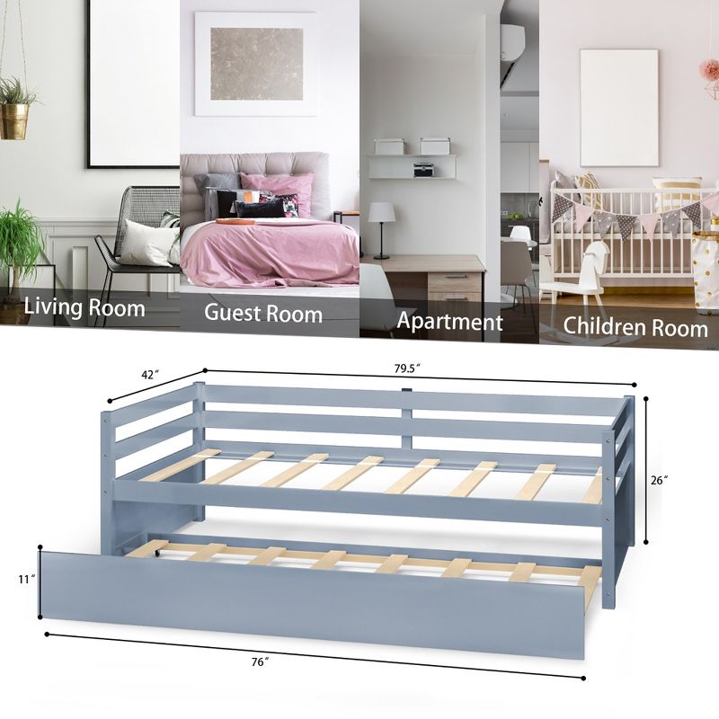 Costway Twin Size Trundle Daybed Wooden Slat Support Mattress Platform for Kids EspressoWhite, 4 of 11
