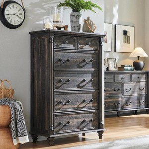 SinCiDo 32" Wide Farmhouse 6 Drawer Tall Dresser w/4 Solid Wood Feet, Rustic Column Decor Storage Chest for Bedroom, Living Room - 1 of 4