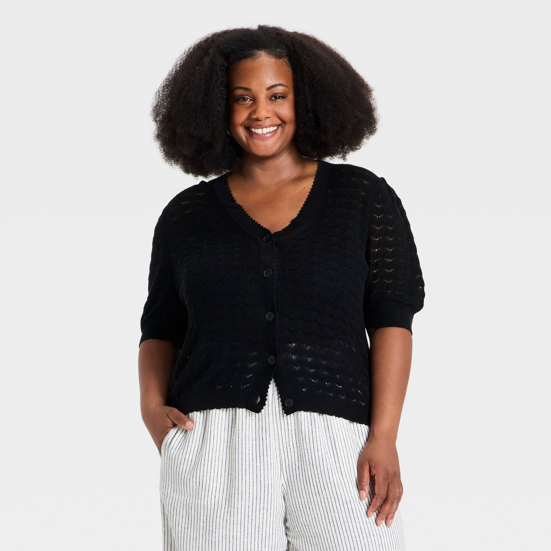 Women's V-Neck Openwork Textured Button-Up Cardigan - Ava & Viv™