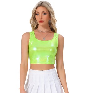 INSPIRE CHIC Women's U Neck Sleeveless Party Clubwear Shiny Metallic Crop Tank Tops - 1 of 4