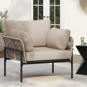 Modern Outdoor Lounge Chair, 36" Iron Lounge Chair with Rope Weave Design, Chairs with Iron Legs and PE Cushions-Coolbibila - 1 of 4