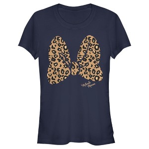 Juniors Womens Mickey & Friends Mickey & Minnie Mouse Cheetah Print Bow Signature T-Shirt - 1 of 3