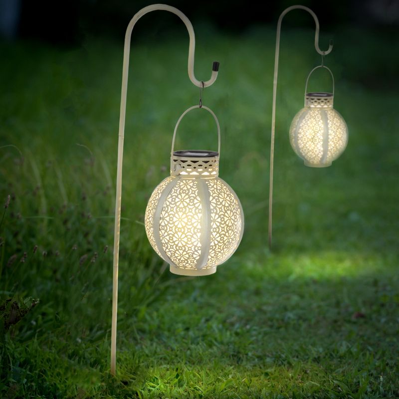 Set of 2 Solar Outdoor Lights - Hanging or Tabletop Rechargeable LED Lantern Set with 2 Shepherd Hooks for Outdoor Decor by Pure Garden (White), 5 of 13