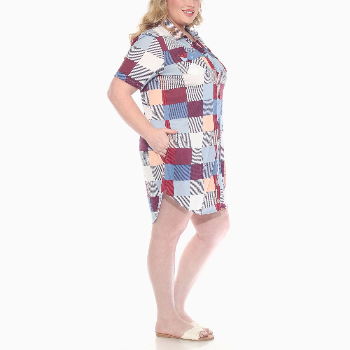 Plus Size Short Sleeve Plaid Button Down Shirt Dress -White Mark - thumbnail 7
