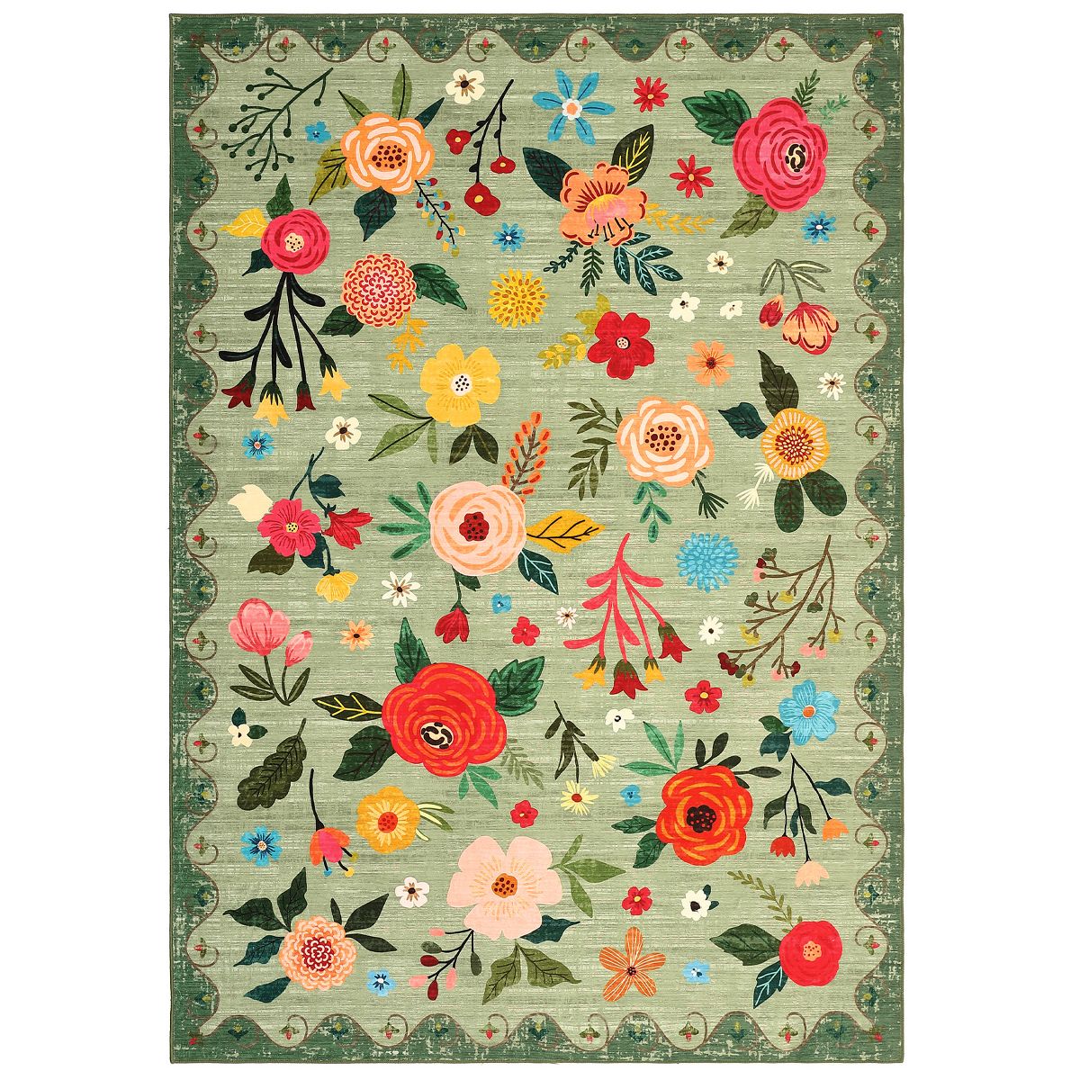 2x3 ft Vintage Floral Area Rug – Machine Washable Large Rug with Non-Slip Backing, for Living Room, Bedroom, Dining Room, Farmhouse, Nursery, Green