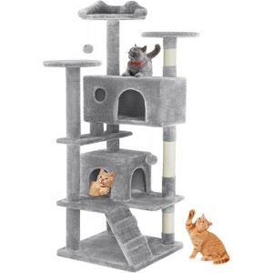 Aukfa 54-Inch Cat Tree Tower with Scratching Posts, Double Condos & Dangling Toys - Beige Pet Playhouse for Kittens and Cats, Light Gray - 1 of 4