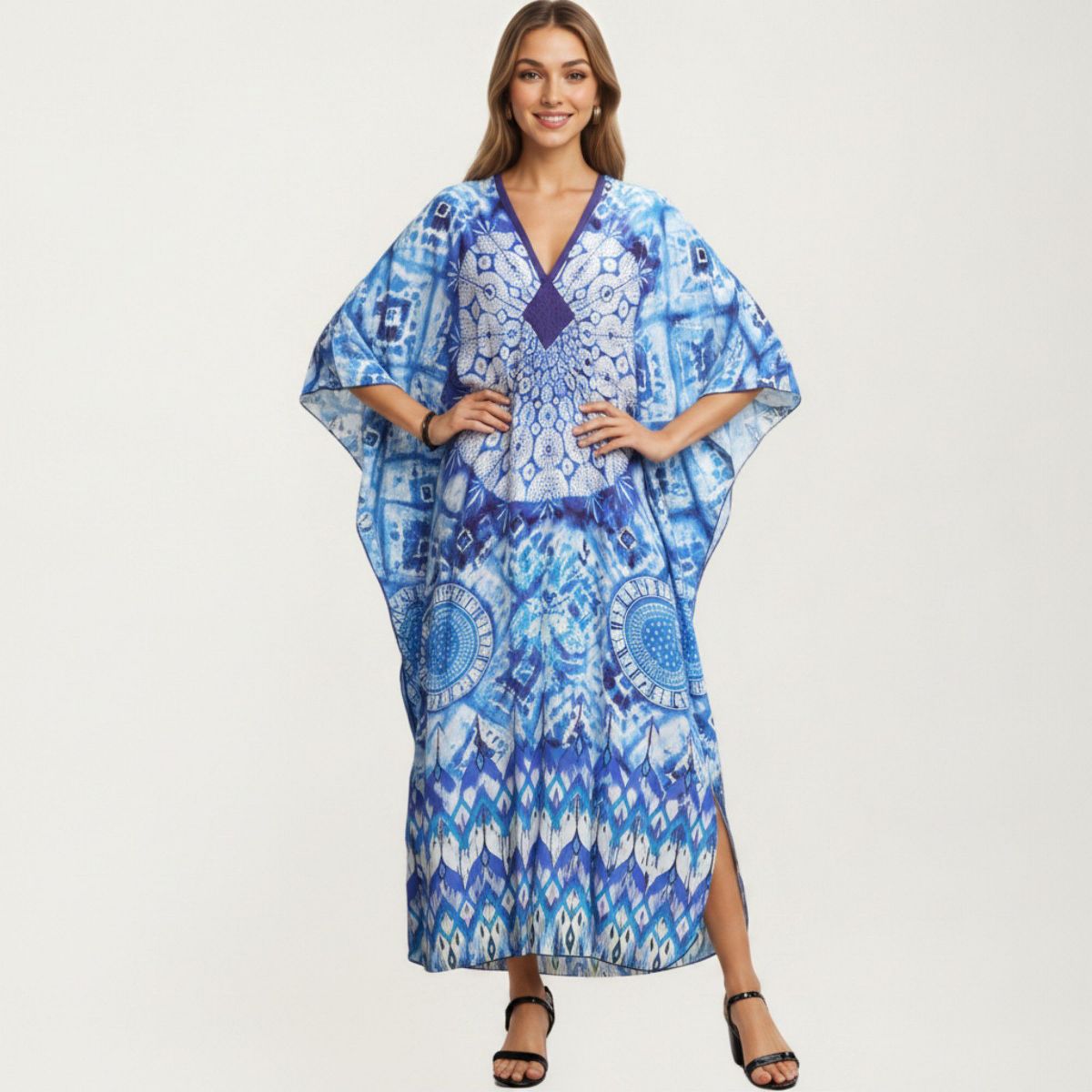 Anna-Kaci Women's Tie Dye Medallion Kaftan Maxi Dress with V-Neckline and Relaxed Flowy Silhouette - thumbnail 2