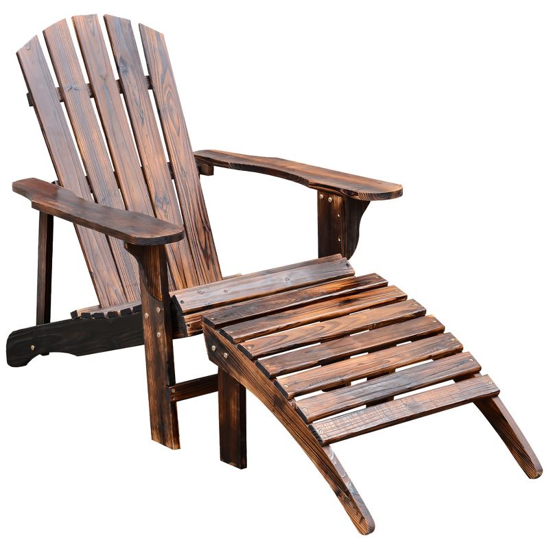 Outsunny Adirondack Chair with Ottoman, Wooden Patio Fire Pit Chair with Footrest & Wide Armrests for Backyard, Garden, Lawn, Rustic Brown, 1 of 7