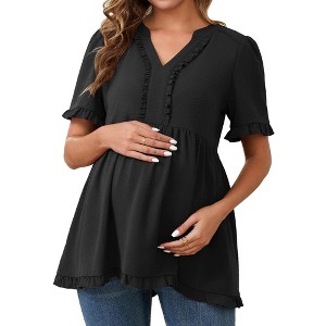 INSPIRE CHIC Women's Maternity Tops Boho Ruffled Notched Neck Short Sleeve Shirts Flowy Blouses - 1 of 4