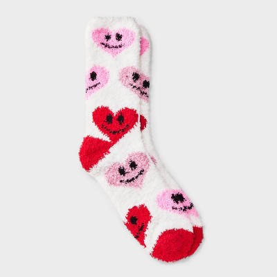 Women's Smiley Hearts Valentine's Day Cozy Crew Socks - Cream/Red/Pink 4-10