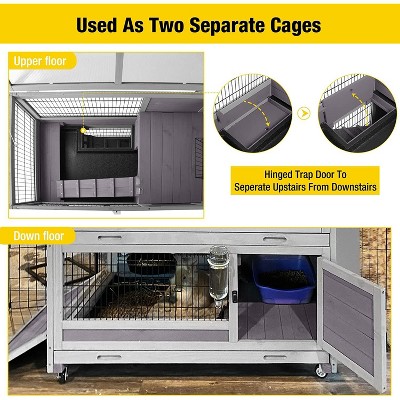 Gray Double-Level Indoor Outdoor Rabbit Hutch with Wheels