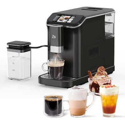 Espresso machine with automatic milk frother, 20 Bar pressure, adjustable grinder (1-15 levels), and 1.5L water tank; perfect for coffee lovers.