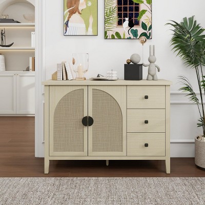 Storage Cabinet With 2 Rattan Doors 3 Drawers And Shelf,Storage Cabinet Rattan,Living Room Cabinet,Small Accent Cabinet-Maison Boucle