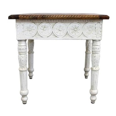 Moti Bay Solid Wood Hand Carved End Table with Brown Top and Ivory Base