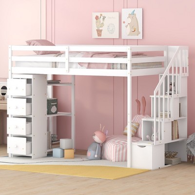 NicBex Twin Size Bunk Bed Loft Bed Pine Bed Frame with 4 Drawers, 3 Shelves, Storage Stairs and Guardrail, No Box Spring Required