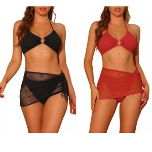 Elerevyo Women's Halter Ring Textured Solid Color Cover Up Mesh Skirt Bikini Bathing Suits 2 Sets - 1 of 4