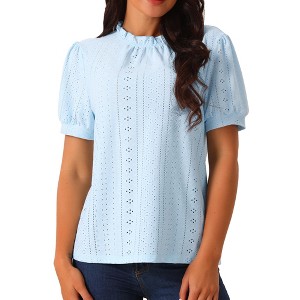 Seta T Women's Back Button Dressy Casual Ruffle Neck Summer Puff Sleeve Eyelet Tops - 1 of 4