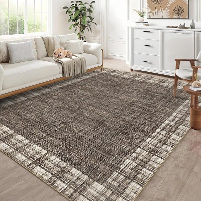 Washable Plaid Rug - Non-Slip Checkered Low Pile Carpet for Living Room, Bedroom
