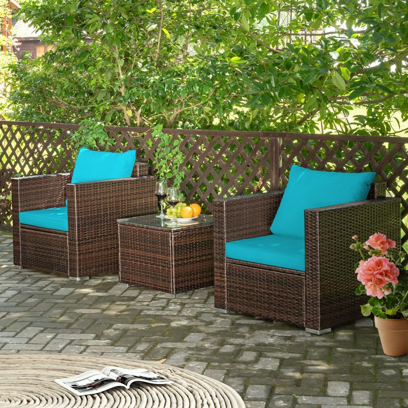 Costway 3PCS Patio Rattan Furniture Set Conversation Sofa Cushioned Turquoise\Red, 6 of 11