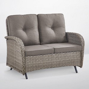 POCASSY 49.5" Wide Outdoor Glider Loveseat, All Weather Brown Wicker Rattan Patio Loveseat Glider for Porch Deck Garden - 1 of 4