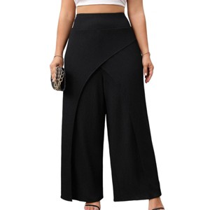 Faux Wrap Palazzo Pants for Plus Size Women Mid Rise Plus Size Wide Leg Pants Asymmetric Pants - 1 of 4