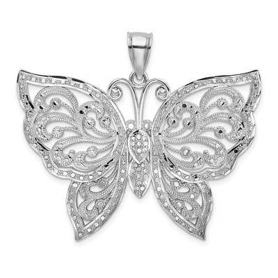Black Bow Jewelry 14k White Gold Filigree Butterfly Pendant, 42mm