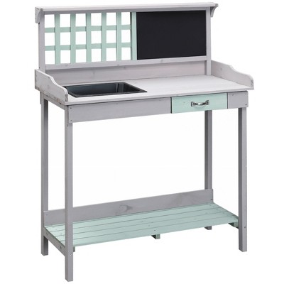 Dracelo Outdoor Wooden Potting Bench Table with Removable Sink, Garden Work Bench with Chalkboard, Drawer, Open Shelf Storage, Light Gray