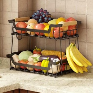 Attop 2 Tier Countertop Fruit Basket With 2 Banana Hangers, Detachable Metal Organizer For Bread Vegetable Fruits, Storage Stand Bowls, Black - 1 of 4
