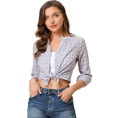 Allegra K Women's Casual Plaid Blouse Button Up V-Neck Long Sleeve Western Shirt