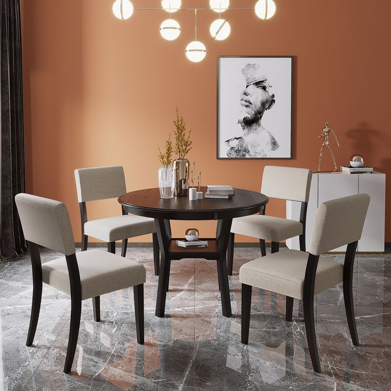 5-Piece Kitchen Dining Table Set Round Table with Bottom Shelf and 4 Upholstered Chairs, Espresso+Beige-ModernLuxe, 2 of 8