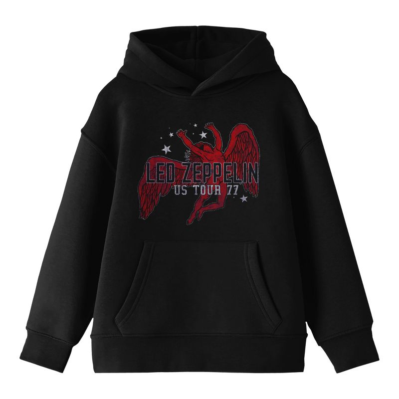 Led Zeppelin Red Icarus Logo Long Sleeve Black Youth Hooded Sweatshirt, 1 of 4