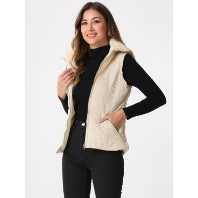 Allegra K Women's Zip-Up Sleeveless Winter Hoodie Quilted Jacket Beige Small — фото 4
