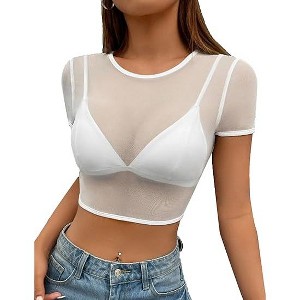 Avidlove Mesh Crop Top for Women Short Sleeve Bodycon Tees Y2k See Through Blouse O Neck Clubwear - 1 of 2
