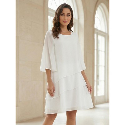 Женские платья INSPIRE CHIC Women's Round Neck Semi Sheer 3/4 Bell Sleeve Asymmetrical Layered Tiered Midi Dress Whites Medium — фото 4