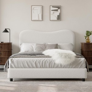 GustoWave Low Profile Sturdy Platform Bed, with Velvet Upholstered Headboard, Strong Wooden Slats - 1 of 4