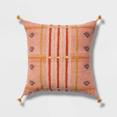 Embroidered Global Plaid Square Throw Pillow Blush - Opalhouse™