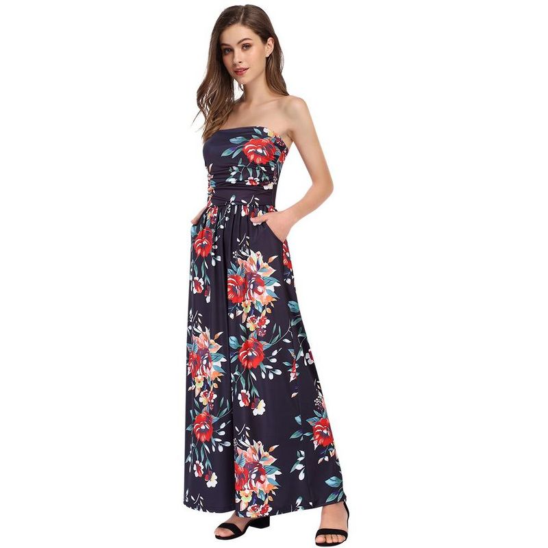 Women Strapless Floral Print Bohemian Boho Maxi Dress Casual Off Shoulder Beach Party Dress with Pockets, 2 of 7