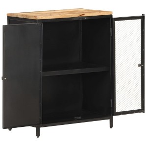 vidaXL Solid Rough Mango Wood Sideboard with Natural Finish & Iron Legs, Black | Handy 2 Compartments for Storage | Artistic Hand Mesh Patterns - 1 of 4