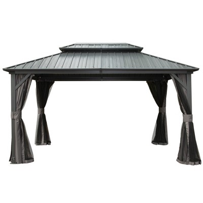 Gloweer Hardtop Gazebo, Outdoor Aluminum Frame Canopy with Galvanized Steel Roof, Permanent Metal Pavilion with Curtains and Netting